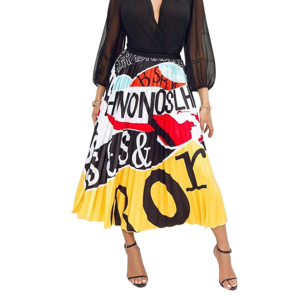 Women Long Pleated Graffiti Cartoon Print Skirt.